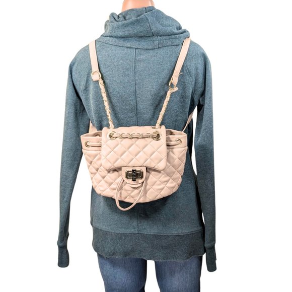 Badgley Mischka Beige Quilted Faux Leather Chain Strap Mini Backpack - Picture 3 of 12